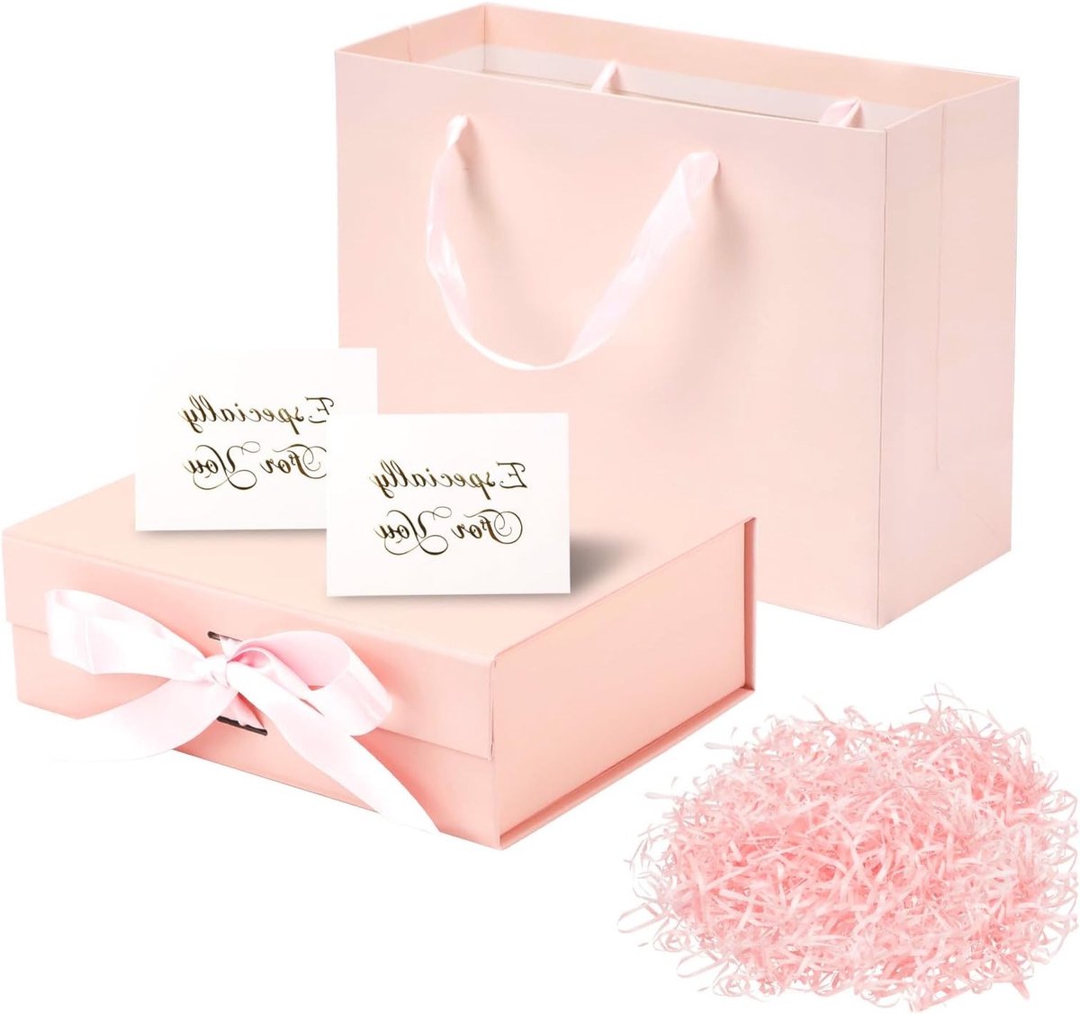 Cadeaubox Set met Deksel, 23 x 17 x 7 cm, Inclusief 2 Wenskaarten, Papieren Tas en Snippers voor Verjaardag, Bruiloft, Kerst en Jubileum (Roze)