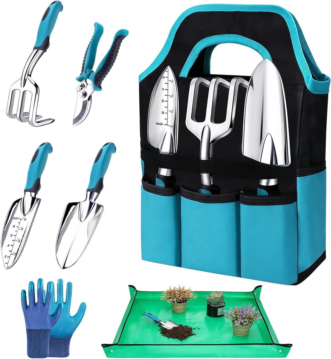 Complete Tuinset met 7 Stukken - Duurzame Tuin Gereedschappen, Opbergzak en Potgrondmat - Perfecte Tuin Cadeaus voor Tuinliefhebbers