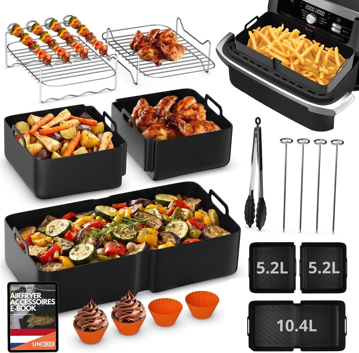 SnelShoppen - 15-delig Airfryer Accessoire Set voor Heißluftfritteuse, Silicone Liner, Geschikt voor 10,4L en 10L, BPA-vrij, Voor Gezond Koken, Keuken