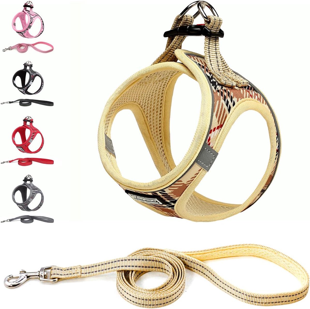 Thijox - Hondentuig Kleine Honden met Riem - Anti-Trektuig Reflecterend Ademend Borstuig voor Puppy en Middelgrote Honden - Beige - Maat S - Ideaal vo