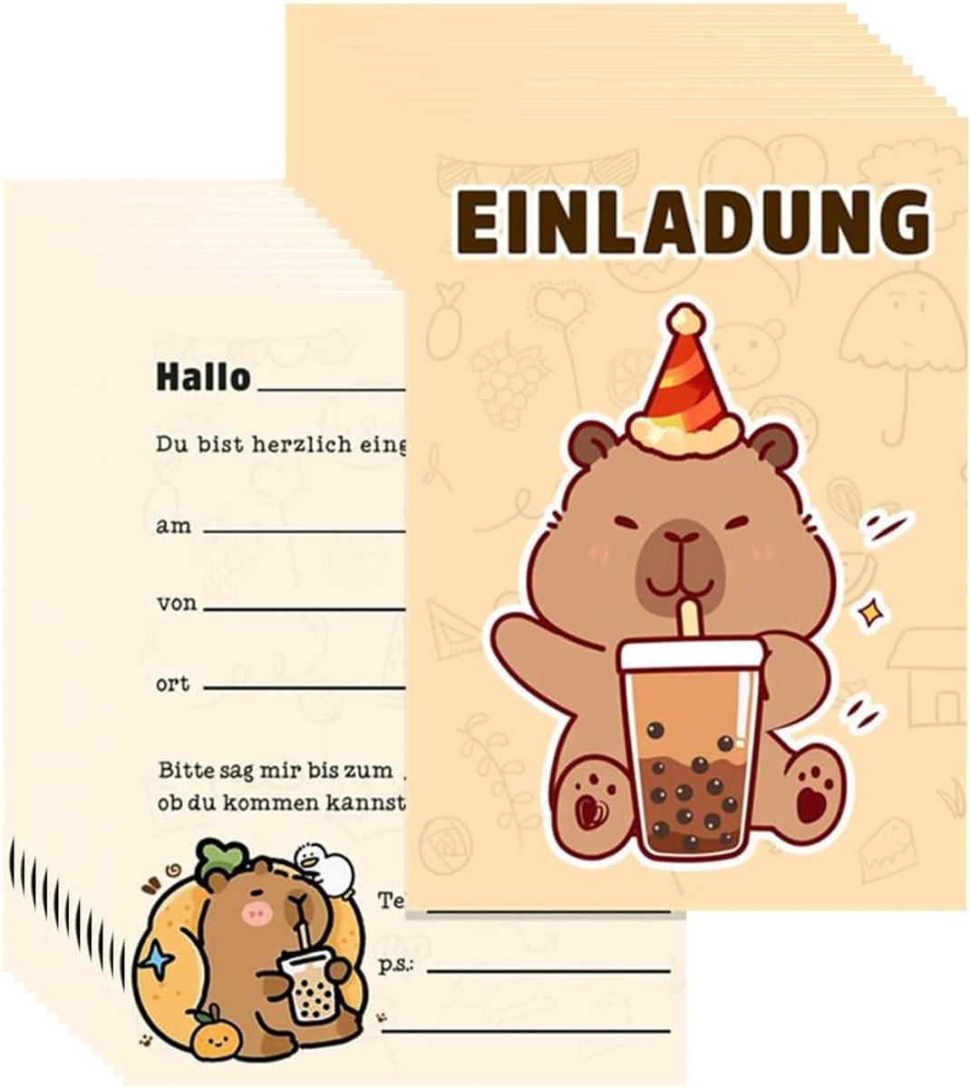 SnelShoppen - 12 Uitnodigingskaarten Kinderverjaardag met Capibara Design - Unieke Feestkaarten voor Kinderfeestjes - Hoogwaardige Materialen - 14x10