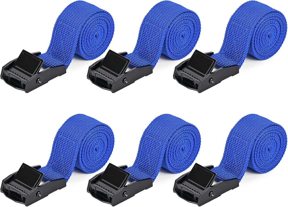 SnelShoppen - 6x Korte Lashing Straps met Ratchet en Snap Closure 1m x 2.5cm - Ideaal voor Auto, Fiets Carrier, Luggage, Surfing - Blauw
