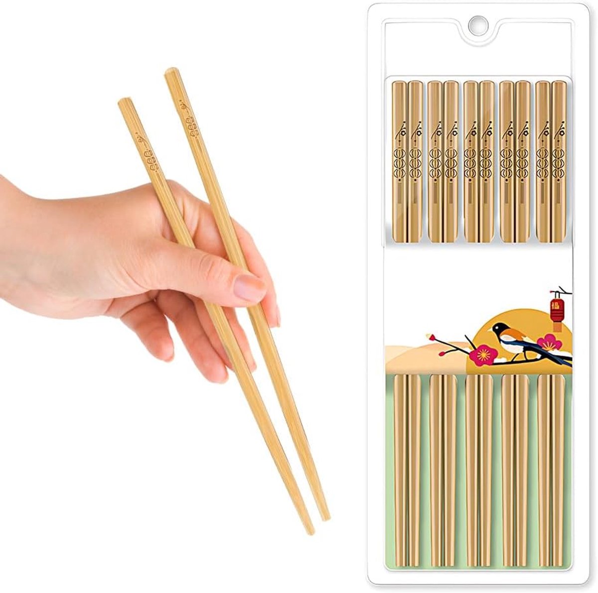 SnelShoppen - Bamboo Chopsticks 10 Pairs - Herbruikbare Chinese Houten Eetstokjes 24 cm - Natuurlijke Onbehandelde Bamboo - Laser Gegraveerde Sushi La