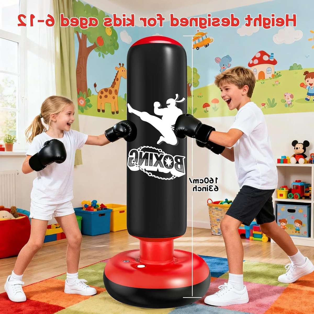 Punching Bag voor Kinderen van 6 tot 12 Jaar - 160 cm Opblaasbare Bokszak met Bokshandschoenen - Perfect voor Karate, Kickboksen en Sportieve Activiteiten voor Jongens en Meisjes