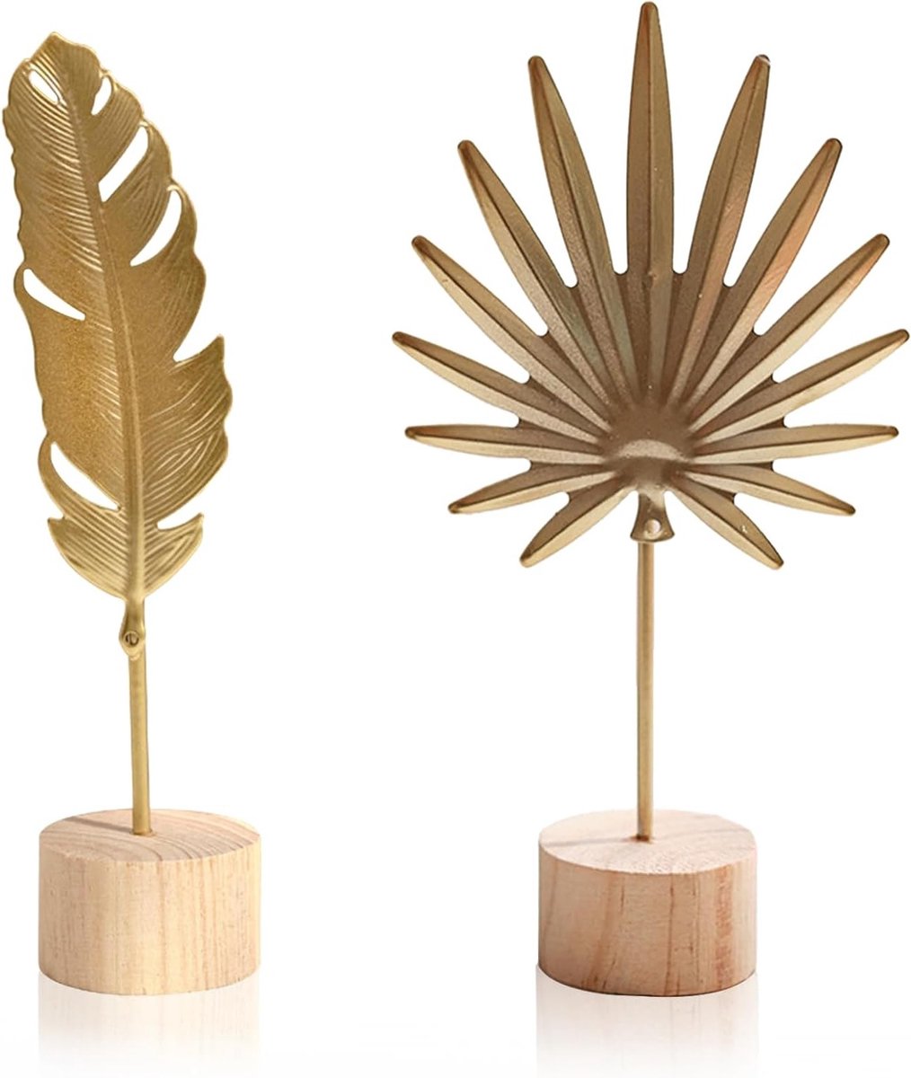 Creatieve veer-beelddecoratie in metaal, gouden sculptuur voor thuis, kantoor en woonkamer, stijlvolle kerstdecoratie en moderne interieuraccessoire