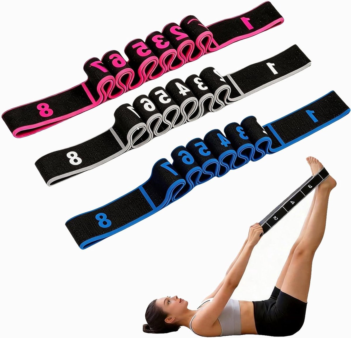 Set van 3 Fitness Lussenbanden, Verstelbare Gymnastiekband met 8 Ringen, Ideaal voor Yoga en Krachttraining