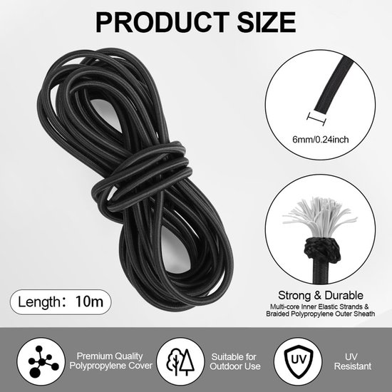SnelShoppen - Bungee Cords 6mm x 10m - Heavy Duty Elastic Shock Cord voor Trailer, Tarpaulin, Tent, Kayak, Backpack - Zwart, Perfect voor DIY Projecte van Snelshoppen — afbeelding 5
