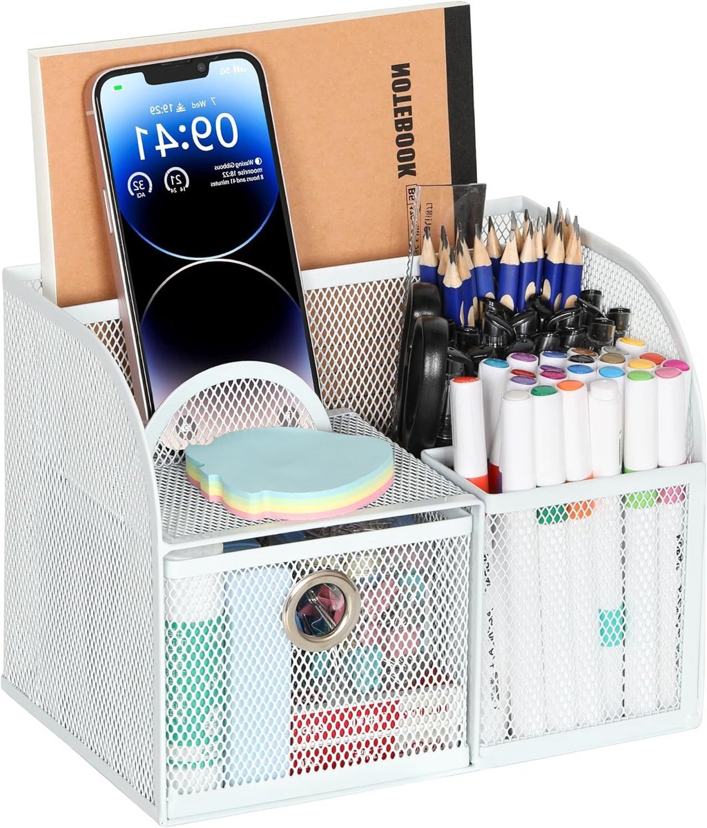 Multifunctionele Bureau Organizer met 3 Compartimenten en 1 Lade voor School, Thuis en Kantoorbenodigdheden, Wit