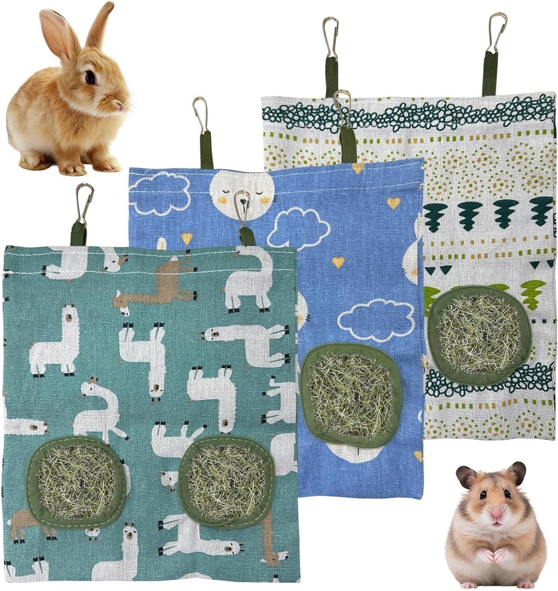 Hanging Hay Bag Feeder voor Kleine Dieren - Duurzame Voederzak voor Cavia's en Konijnen - 28 x 25 cm met 2 Openingen en Drie Ontwerpen in Wit, Groen en Blauw