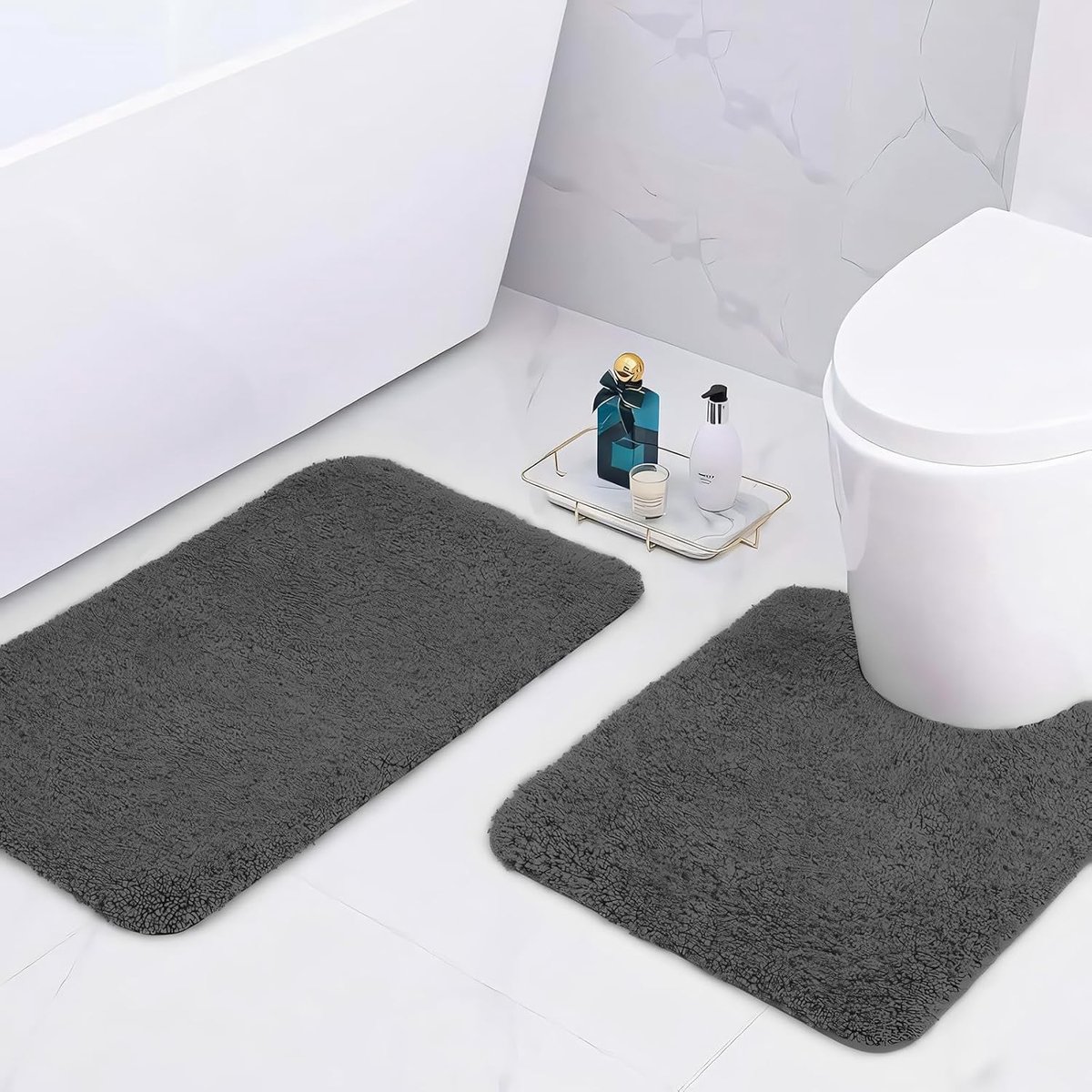 SnelShoppen - Microvezel Badmatten 50x80cm en 50x50cm U Vorm, 2cm Dikke, Super Absorberende Badkamer Tapijten, Diep Grijs, Luxe Badaccessoires