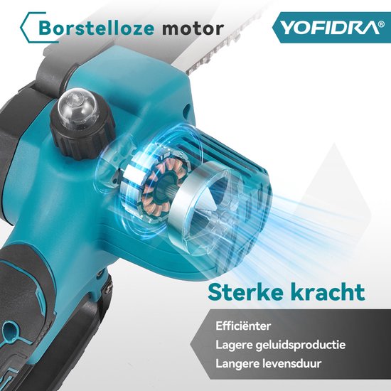 Yofidra Mini kettingzaag - 6 / 8 inch Kettingzaag - met 2x 4.0Ah accu’s Snoeizaag - Takkenzaag - Brushless Heggenschaar - voor tuin, boomsnoeien en hout — afbeelding 5