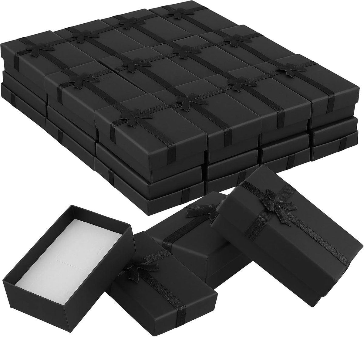 SnelShoppen - 60 Stuks Sieradendoosjes met Deksel - Zwart Karton met Strik - 8x5x3 cm - Perfect voor Ringen, Oorbellen en Armbanden - Elegante Geschen