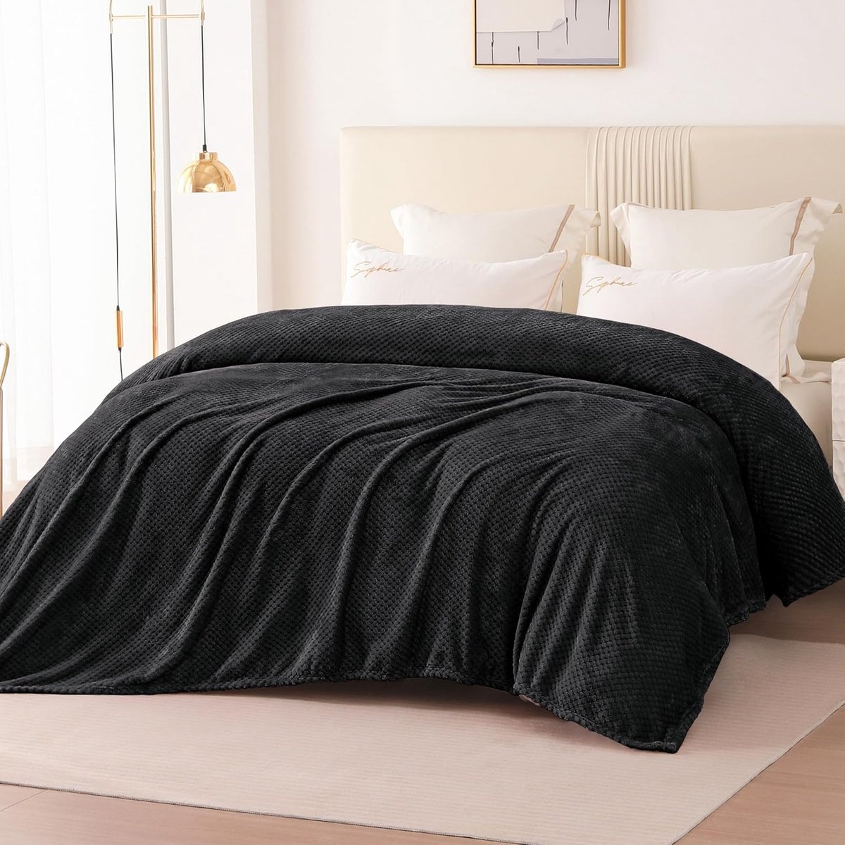 SnelShoppen - Cuddly Fleece Deken 230x270cm Zwart, Wafelpatroon, Zachte en Warme Sofa Dekens voor TV, Bed en Camping, Microfiber en Flanel, Ideaal voo