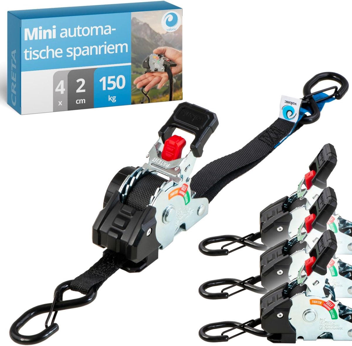 SnelShoppen - 4 Stuks Mini Straps 2m - Zelf Wondend - 150 kg Trekvermogen - Ideaal voor Camping, Fietsendrager, Transport en Beveiliging van Voorwerpe