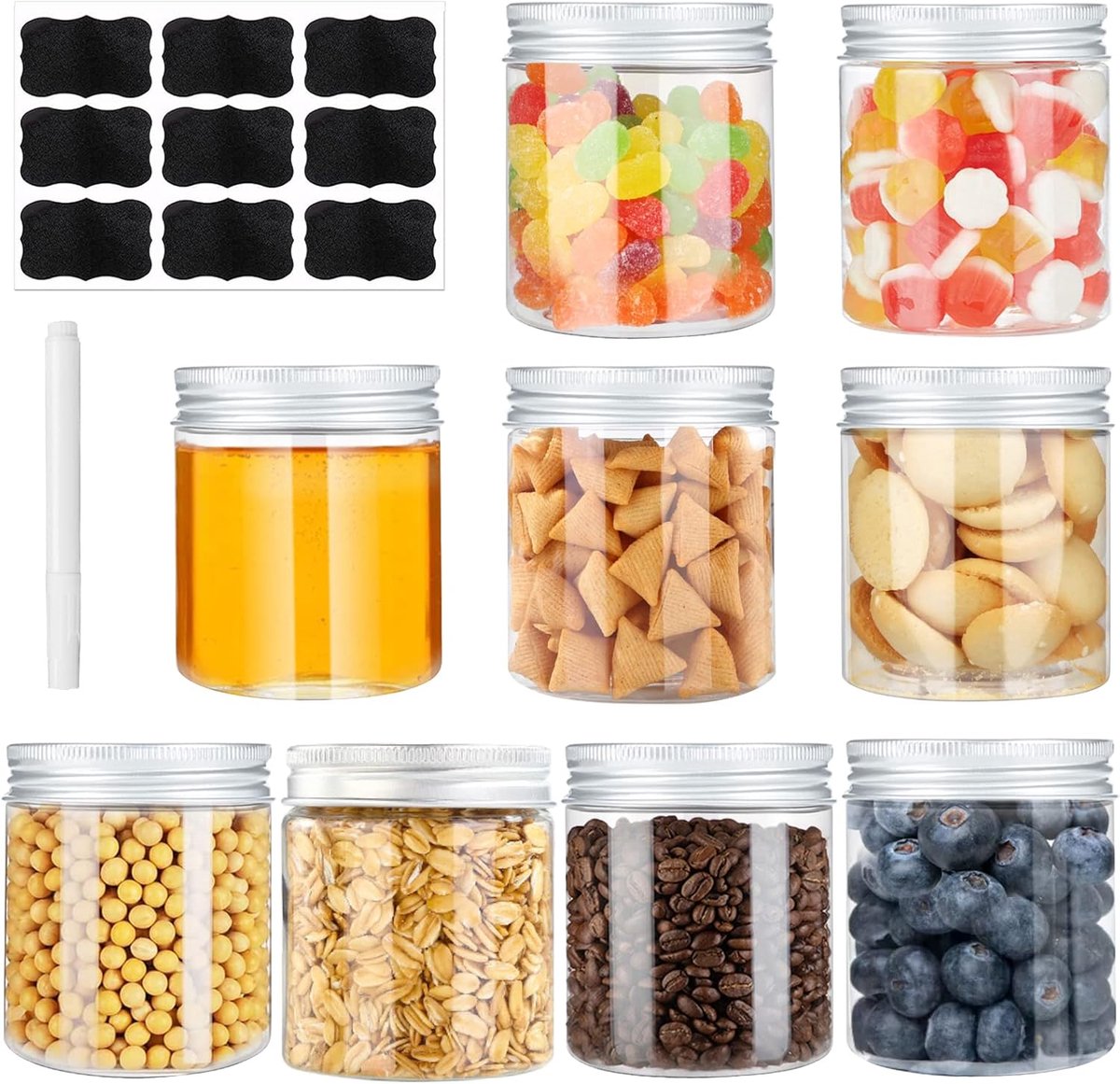 SnelShoppen - Set van 9 Plastic Opbergdozen met Deksel, Transparante Plastic Potten (250 ml), Opbergboxen voor Voedsel, Ideaal voor Granen, Bloem, Sui