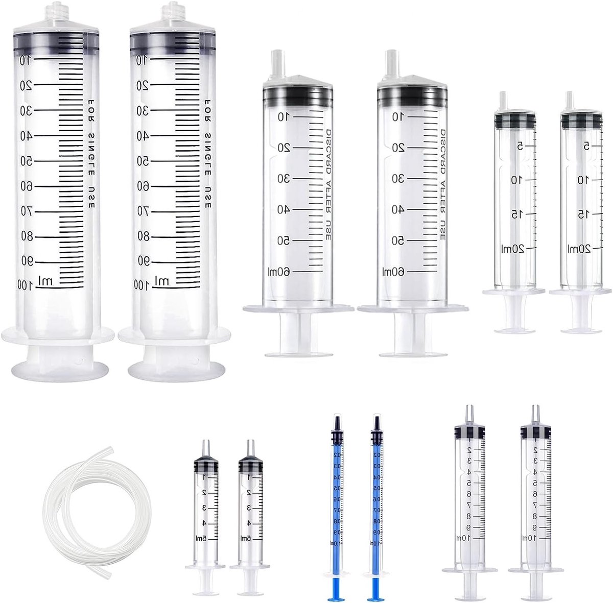Set van 12 spuiten 1ml/5ml/10ml/20ml/60ml/100ml met 110cm plastic buis voor nauwkeurige vloeistofmeting, laboratoriumgebruik en dosering
