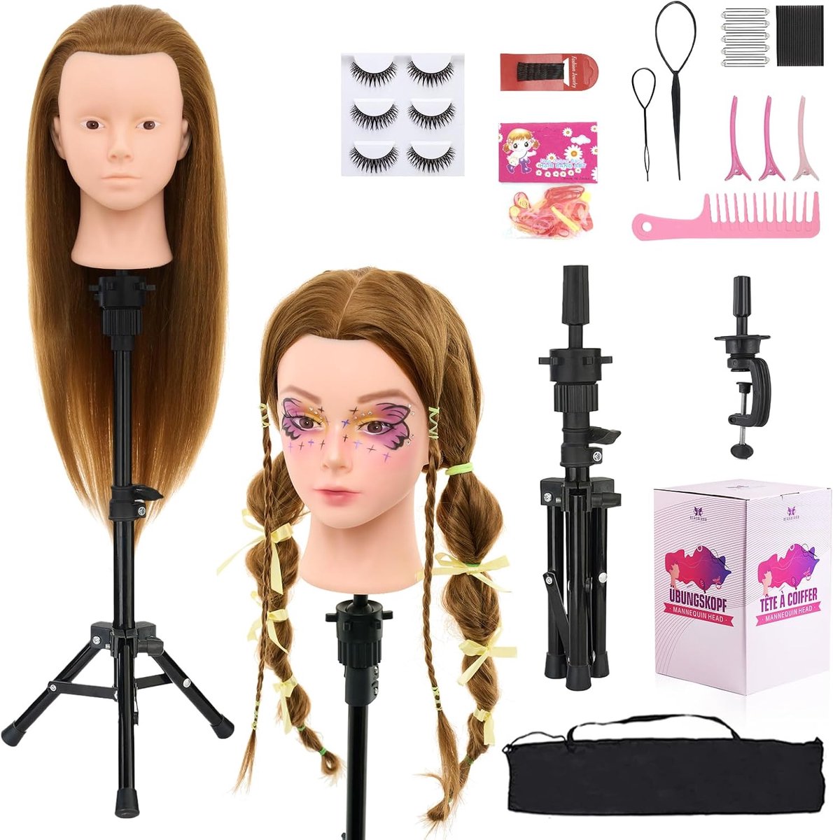 SnelShoppen - Makeup Hoofd met 60% Echt Haar - Oefenhoofd 71 cm - Training Hoofd voor Kappers - Inclusief Tafel Klem, Wimpers en Haaraccessoires - Gou