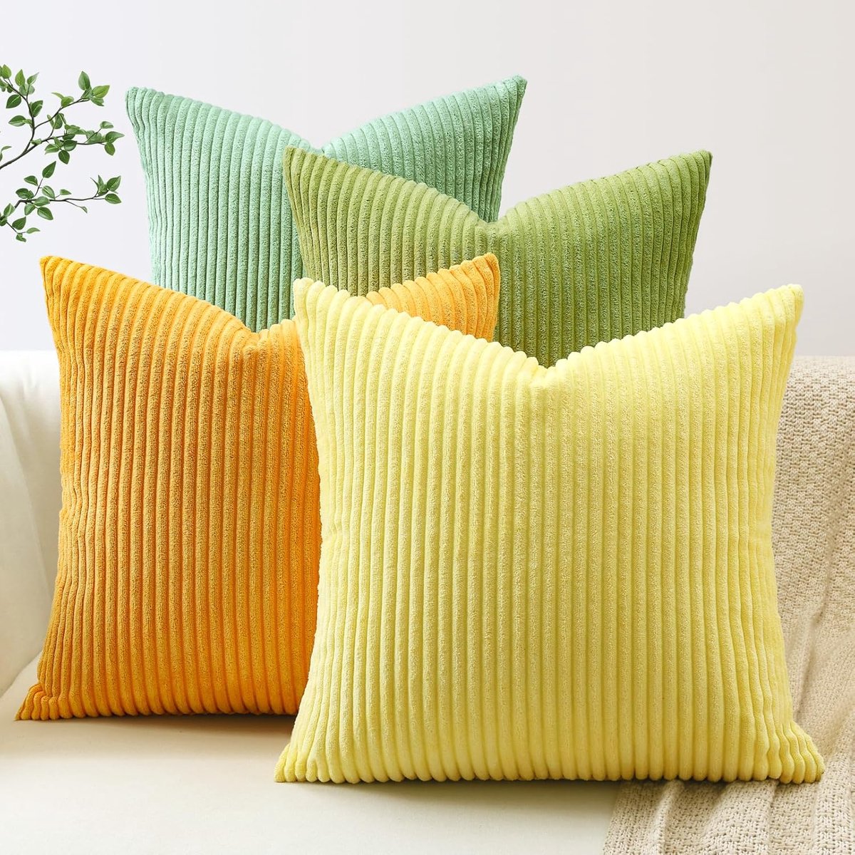 SnelShoppen - Set van 4 Corduroy Gestreepte Kussenhoezen 45x45cm Boho Decoratieve Pillowcases voor Sofa en Slaapkamer (Geel Groen)