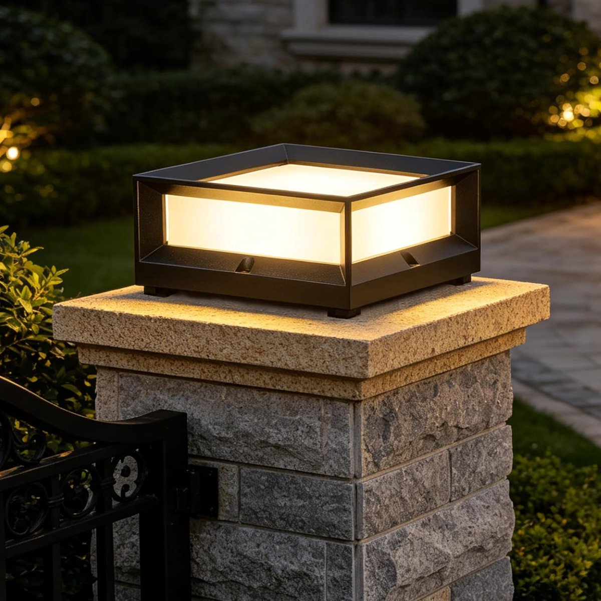 SnelShoppen - LED Tuinlamp Buiten, Klassieke Vierkante Pedestal Lamp van Gietaluminium met Acryl Lampenkap, IP55 Waterdichte Tuinpad Lamp in Zwart, Pe