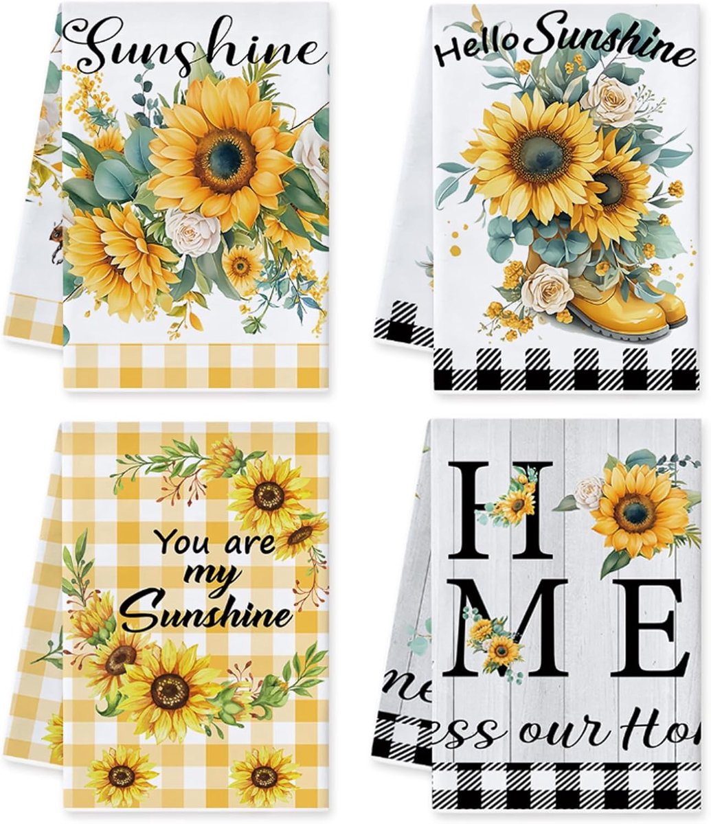 SnelShoppen - Set van 4 Zonnebloem Keukenhanddoeken, Microvezel Theedoeken, Zacht en Absorberend, Sneldrogend, Herbruikbaar, Perfect voor Keuken, Fees