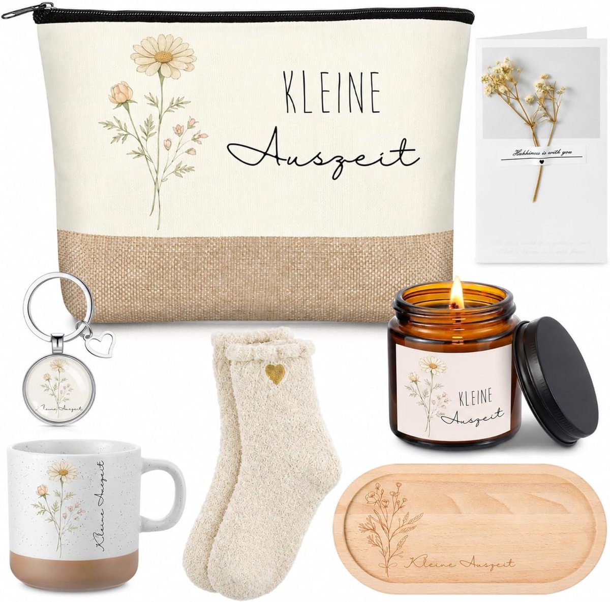 SnelShoppen - 7 Stuks Cadeauset Voor Vrouwen - Cosmeticatasje, Jasmijn Geur Kaarsen, Houten Dienblad, Mok, Sokken, Wenskaart en Sleutelhangertje - Per