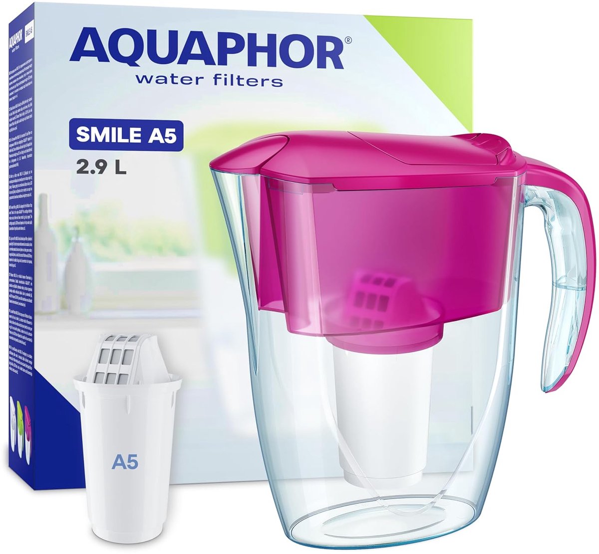 SnelShoppen - Waterfilterkan 2.9L - Ruimtebesparend, Geschikt voor Koelkastdeuren, Inclusief A5 350L Filter, Vermindert Lood, Chloor en Microplastics