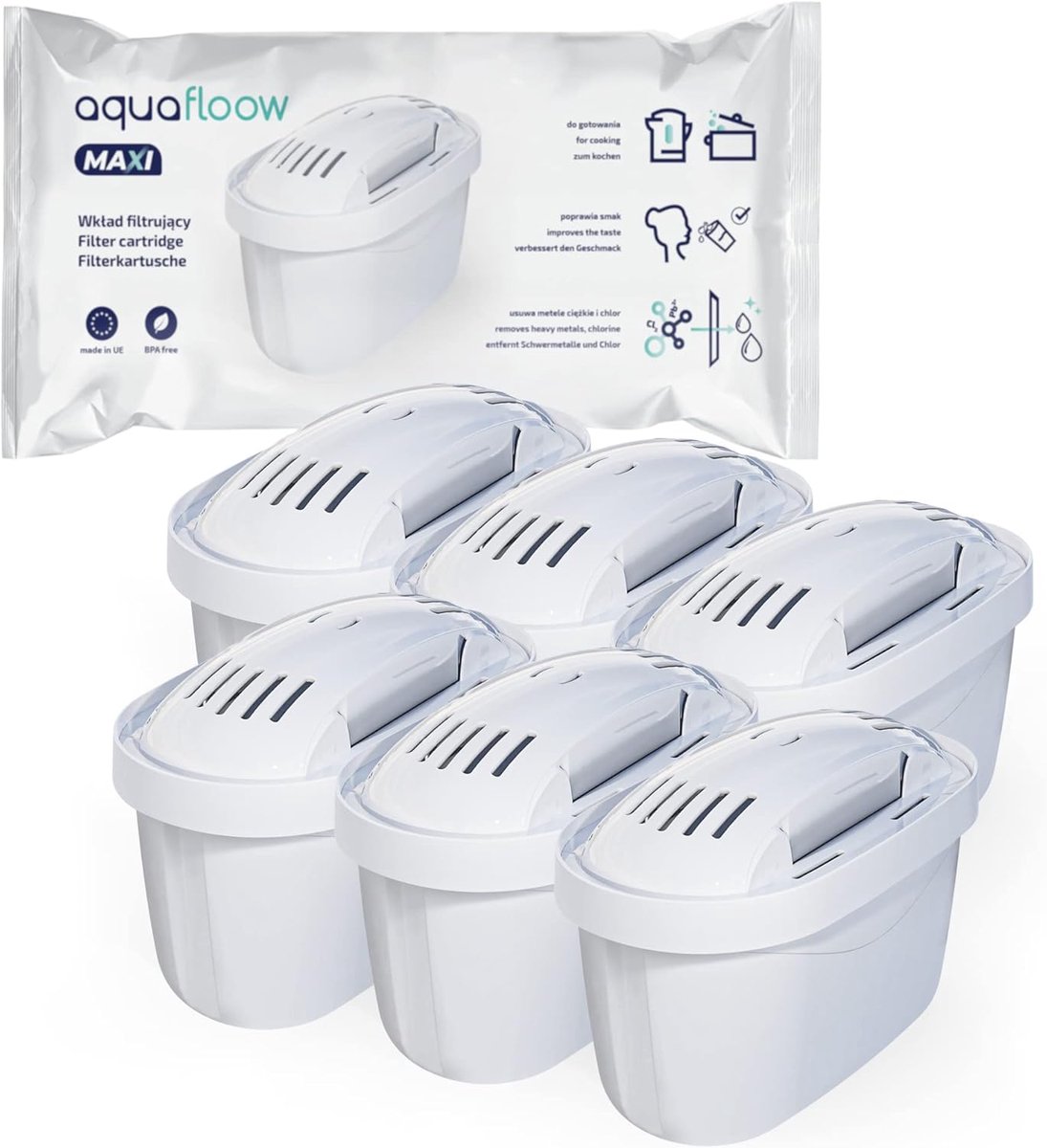 SnelShoppen - Waterfilter Cartridges voor MAXTRA+ Jugs - 6 Stuks - Perfect voor Thuis, Keuken, Camping - Verwijdert Chloor, Zware Metalen en Hardheid