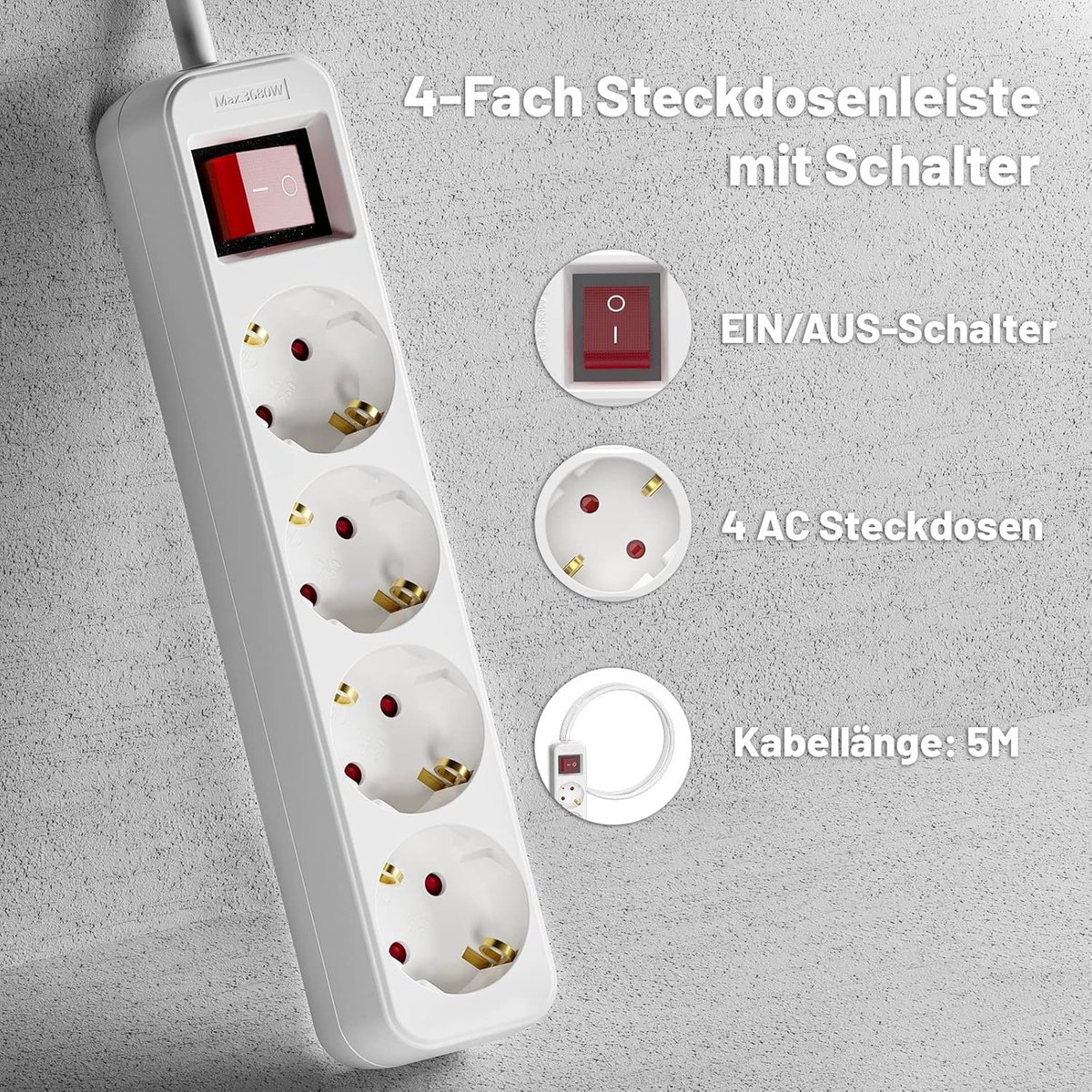 Thijox - Stekkerdoos 4-weg met Schakelaar en 5m Kabel - Meervoudige Socket, Stekkerstrip Verdeler voor Thuis, Kantoor, Camping en Tuin
