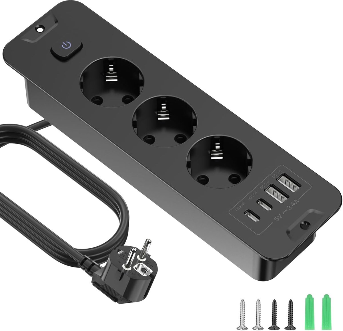 SnelShoppen - 3-Way Socket met USB-A & USB-C, 2 m Verlengkabel met Schakelaar, Ingebouwde Stopcontact voor Thuis en Kantoor (Zwart)