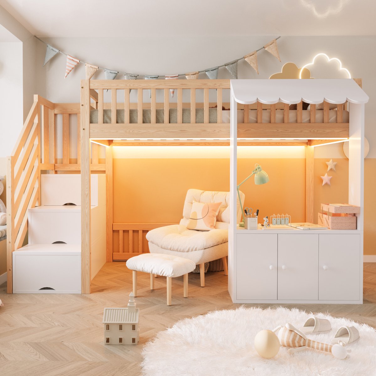 Hoogslaper 90x200 cm - Eenpersoonsbed Met Opbergruimte, Opbergtrap En Meerkleurige Verlichting - Zonder Matras - Hout En MDF - Houtkleur