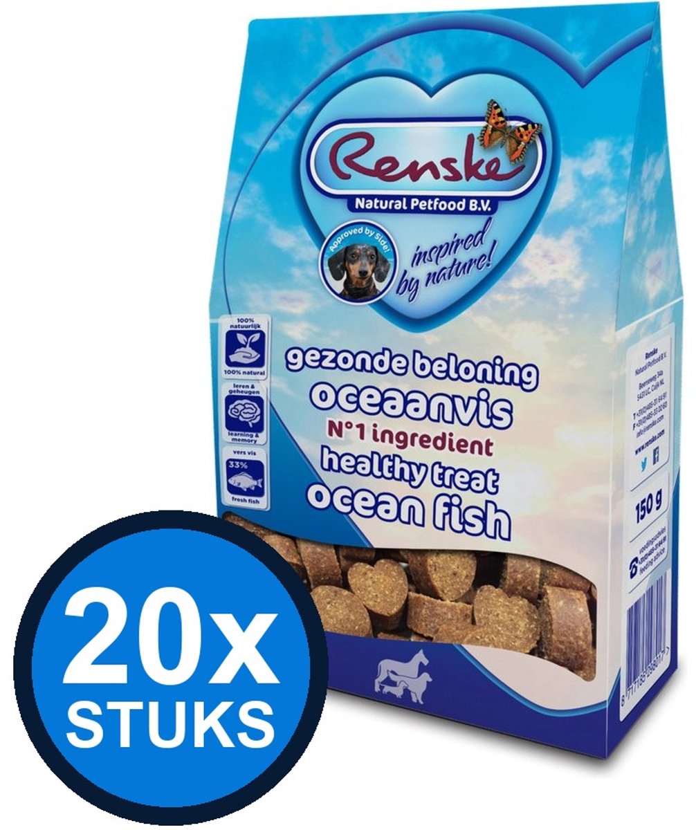 20x Renske - Gezonde beloning hartjes hond vis 150gr - Hondenvoer Snacks - 150 g