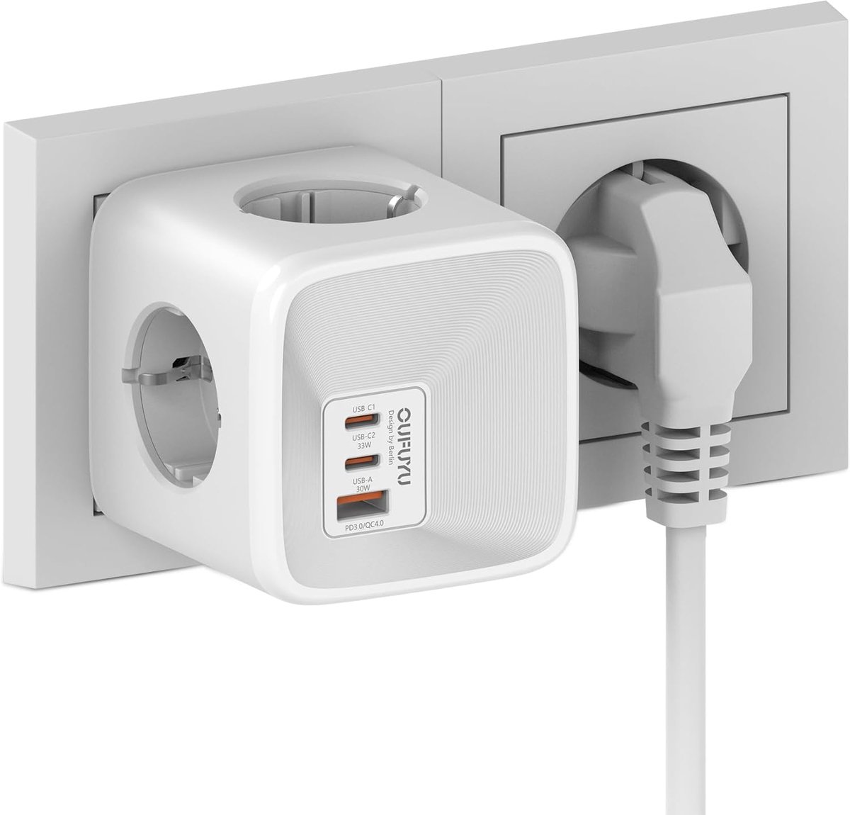 SnelShoppen - Power Strip met USB 33W, 4 Stekkers, 2 USB-C en 1 Type A Snellader, Ruimtebesparende Stopcontact voor Thuis, Kantoor en Reizen, Wit