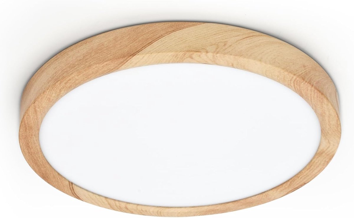 SnelShoppen - LVL LED Plafondlamp 18W Houtnerf Rond 23cm, Ultra Dun, 3 Kleuren Instelbaar voor Slaapkamer, Woonkamer, Keuken en Badkamer