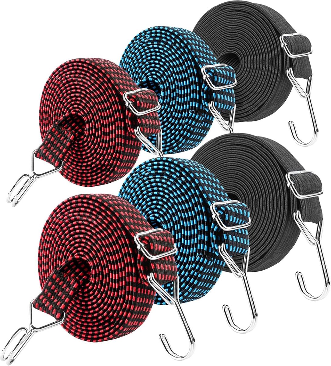 SnelShoppen - Set van 6 Elastische Banden met Haak - 2m Lange Verstelbare Rubber Bevestigingsriemen voor Fietsdrager, Motorfiets, Luggage en Verpakkin