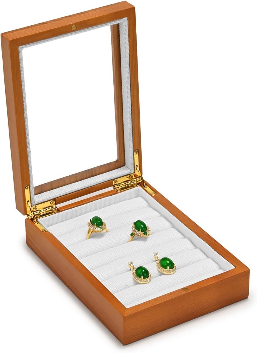Houten opbergdoos voor ringen met beige linnen voering, ideaal voor sieraden en accessoires