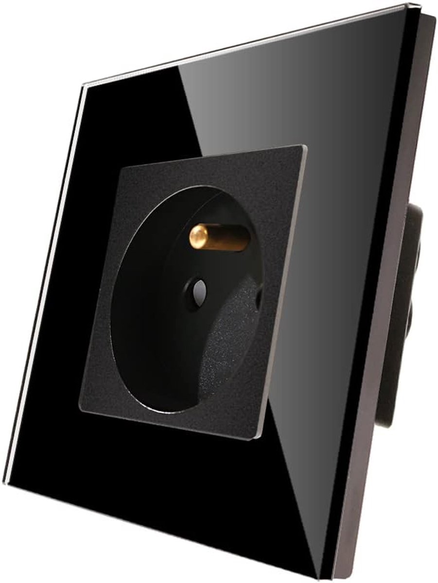 SnelShoppen - Extra platte wandcontactdoos 16A met zwart glazen paneel - Enkele AC wandstekker voor televisie, koelkast, stofzuiger, ventilator, verwa