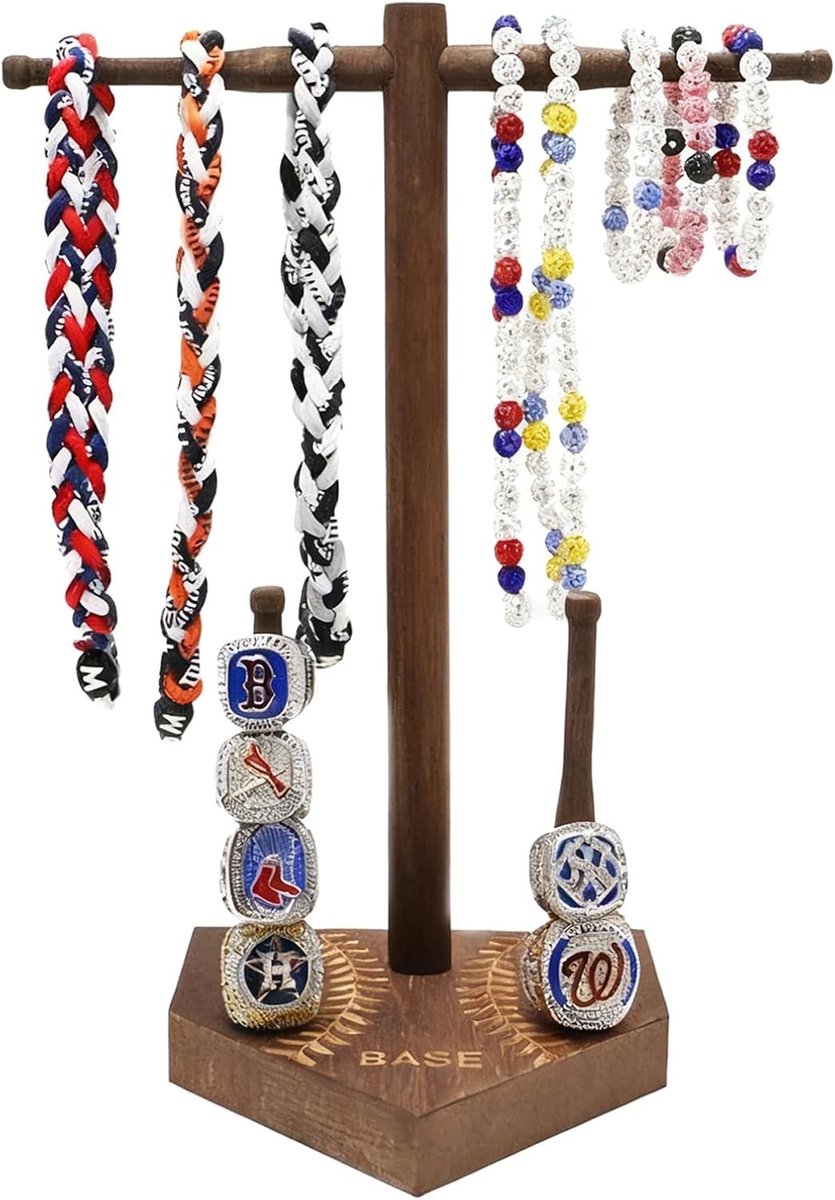 Houten sieradenstandaard met honkbalontwerp, perfect voor het organiseren van armbanden, horloges en kampioenschapringen voor honkbal- en softballiefhebbers