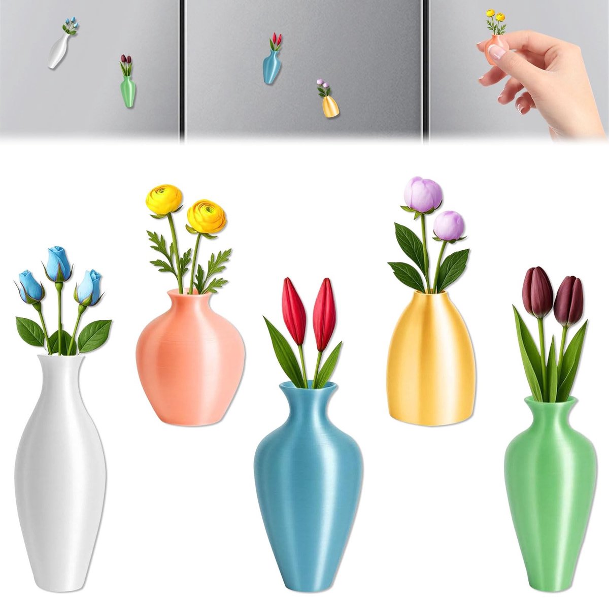 Mini Vazen Magneten - Set van 5 Decoratieve Vazen
