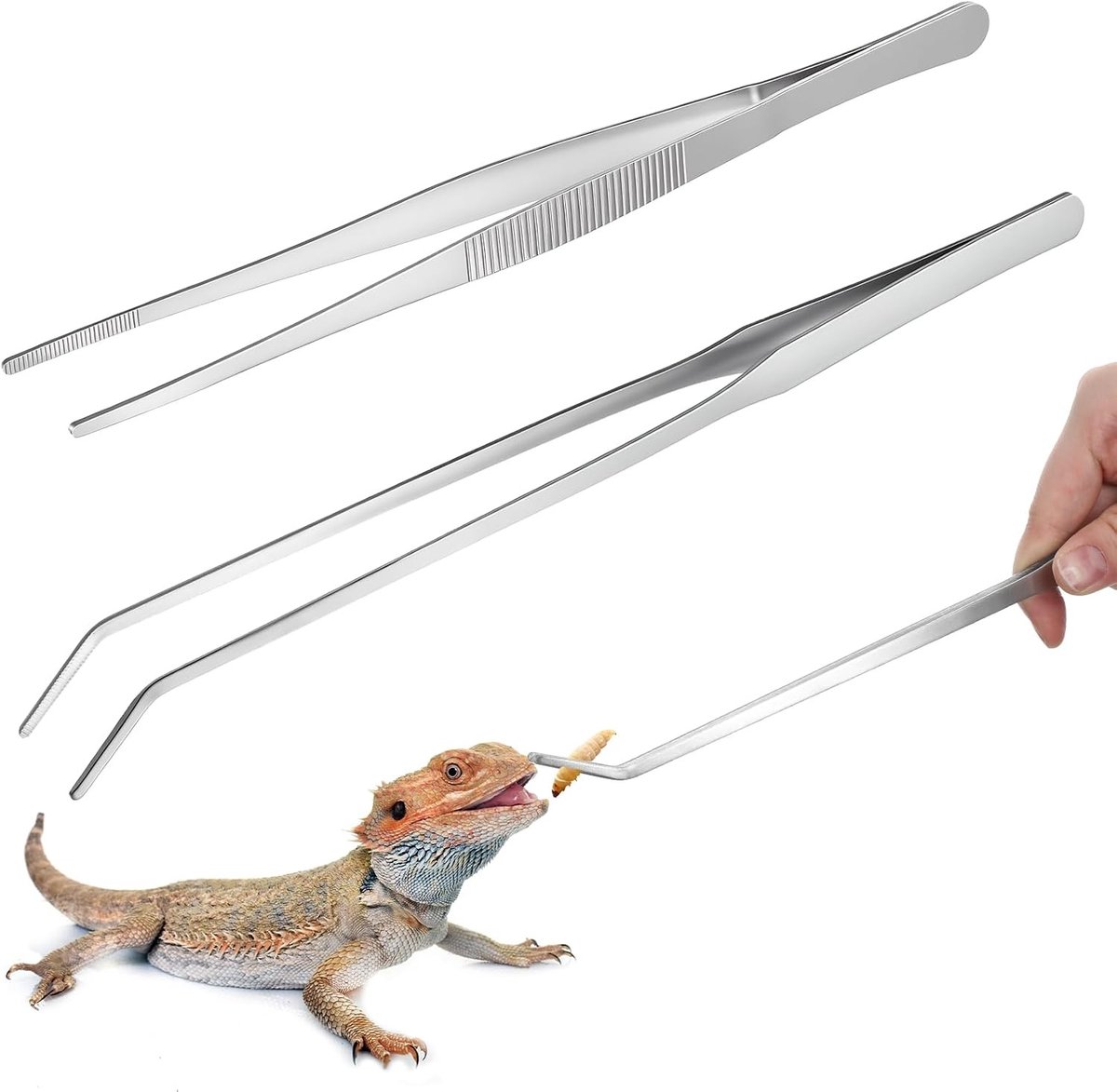 Set van 2 Aquarium Pincetten, 25 cm Rechte en 27 cm Gebogen Pincetten voor Voeding van Reptielen, RVS Pincetten voor Aquariums en Plantenverzorging