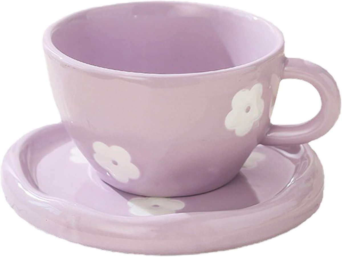 Set van 6 Keramische Koffiekopjes met Schotels in Zoete Paarse Bloemen - Perfecte Cadeaus voor Vrouwen, Moeders en Vriendinnen voor Verjaardagen en Speciale Gelegenheden