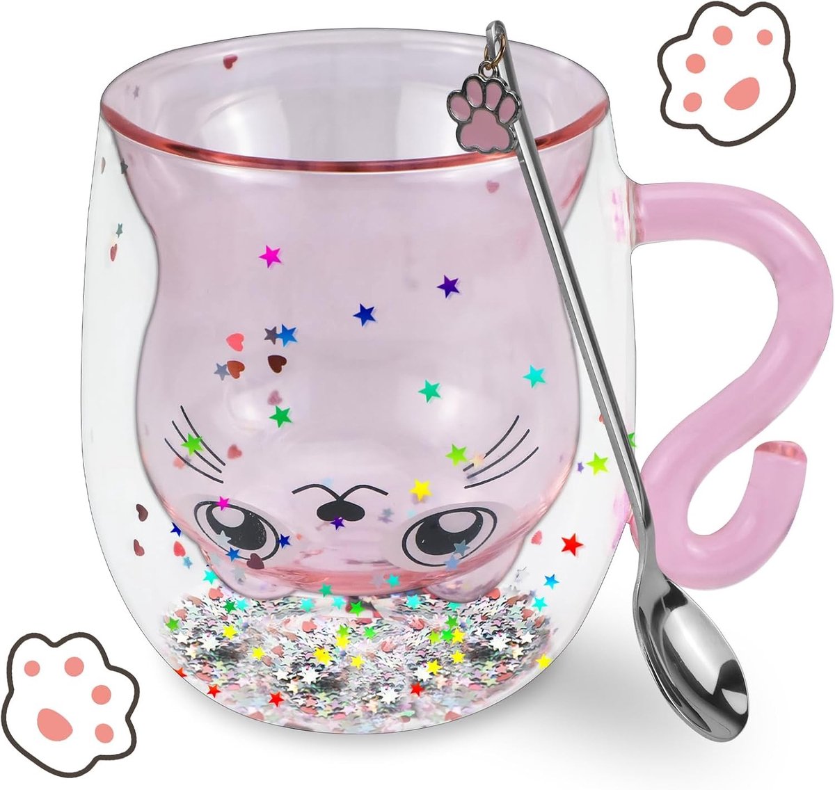 Schattige dubbele wand glazen kattenmok van 300ml met lepel, perfect cadeau voor kattenliefhebbers, kinderen en verjaardagen, roze design met sequins