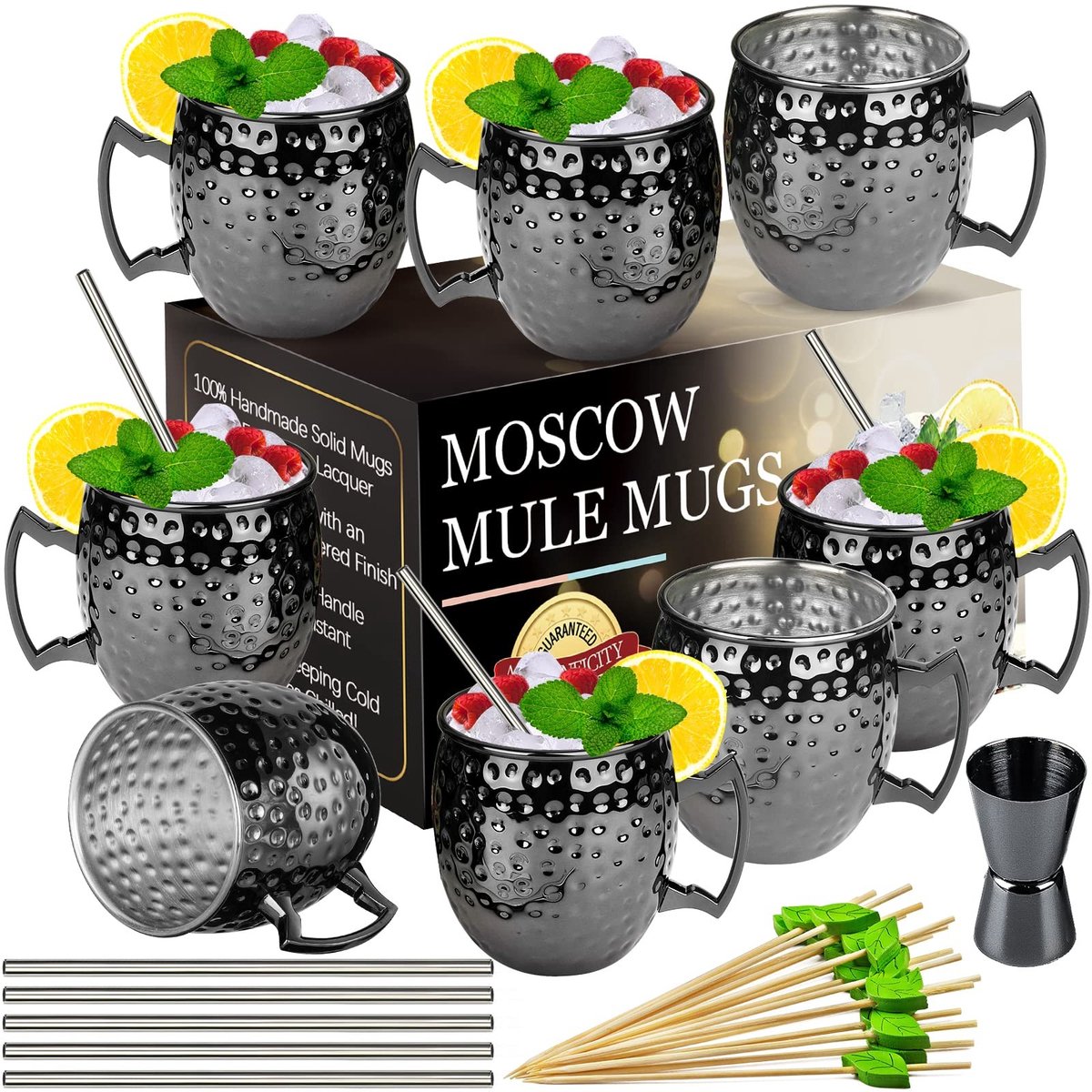 Set van 8 Moscow Mule Mokken - Gunmetal Zwart 18 oz RVS