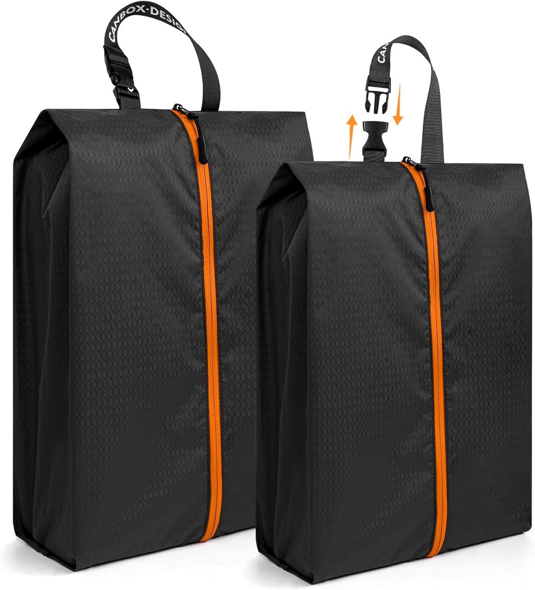 Twee tassen voor schoenen, babydragers en stofbescherming voor schoenen, zwart/oranje, ideaal voor onderweg