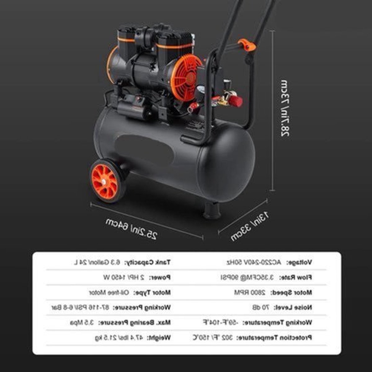 Stille Olievrije Luchtcompressor - Luchtcompressor - Luchtcompressor Bandenpomp - 70dB Geluidsarm - 6,3 Gallon - Draagbare - voor Banden - Spuitwerk - Gereedschap
