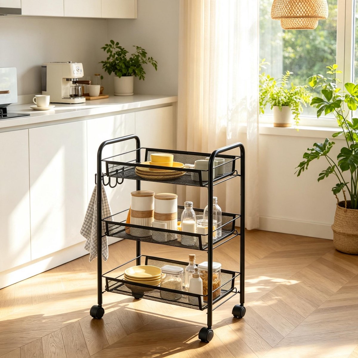 Clruro Keukenwagen - 45 x 26,5 x 63 cm - 3 Manden en Haken - 4 Wielen - Staal - Zwart