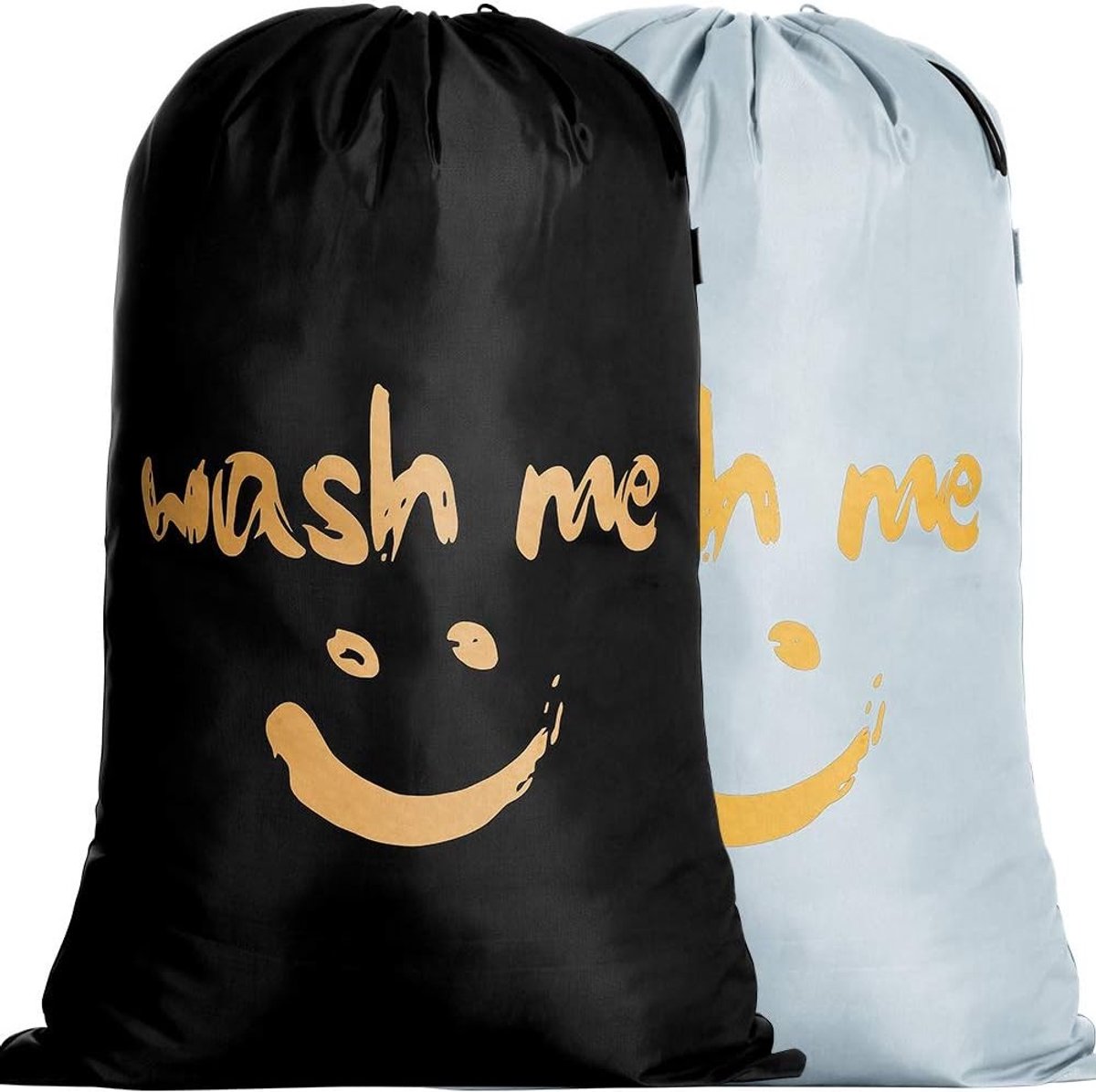 Set van 2 Waszakken met Trekkoord voor Reis en Thuis - Sterke RIP Stop Waszak met Smiley Design 66 x 96 cm Zwart/Zilver