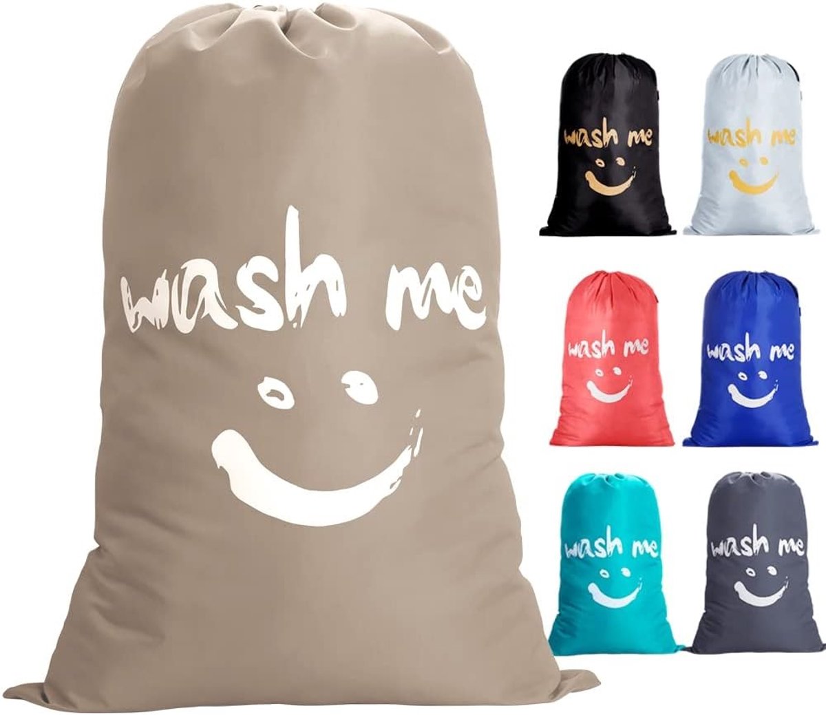 Grote Reiswaszak van 120L met Trekkoord, Ideaal voor Familie en Universiteitsgebruik, Duurzaam Nylon met Smiley Patroon, Khaki Kleur