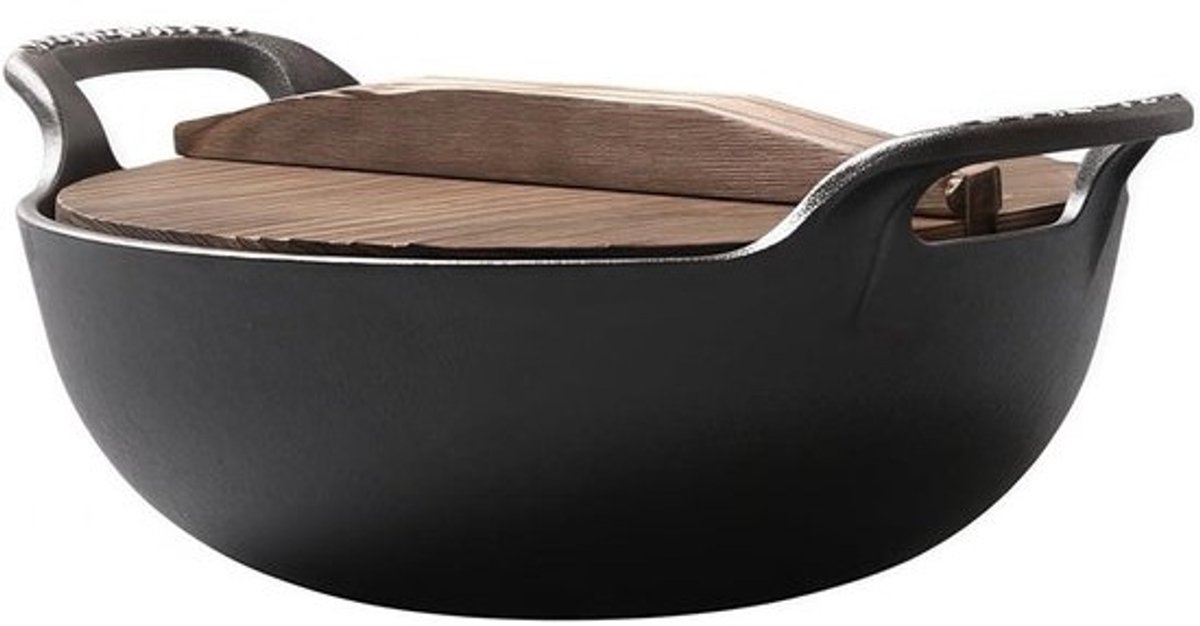 Gietijzeren Wok - Roerbakpan Wok - Veelzijdig Koken - Platte Bodem - 22 x 22 x 12 cm - Zwart