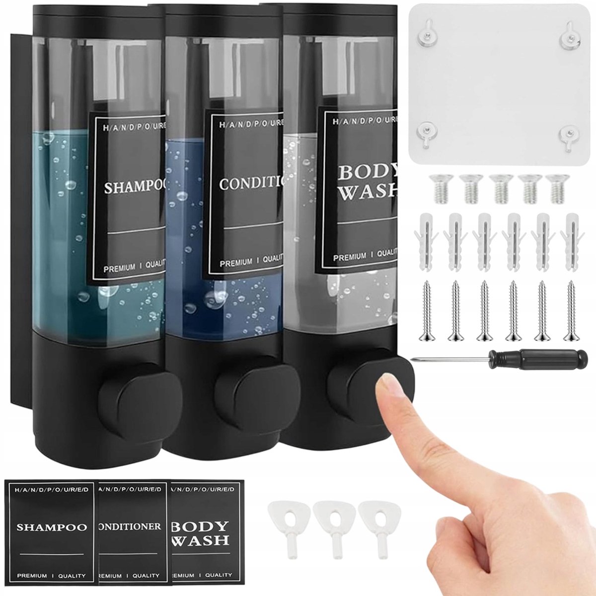 Zeepdispenser - Wandmontage Zeeppompje - 3 Reservoirs - 3x300 ML - Handzeep & Shampoo & Afwasmiddel - Transparante Fles - met Sleutelslot - Wanddispenser - Voor Badkamer & Hotel & Kantoor