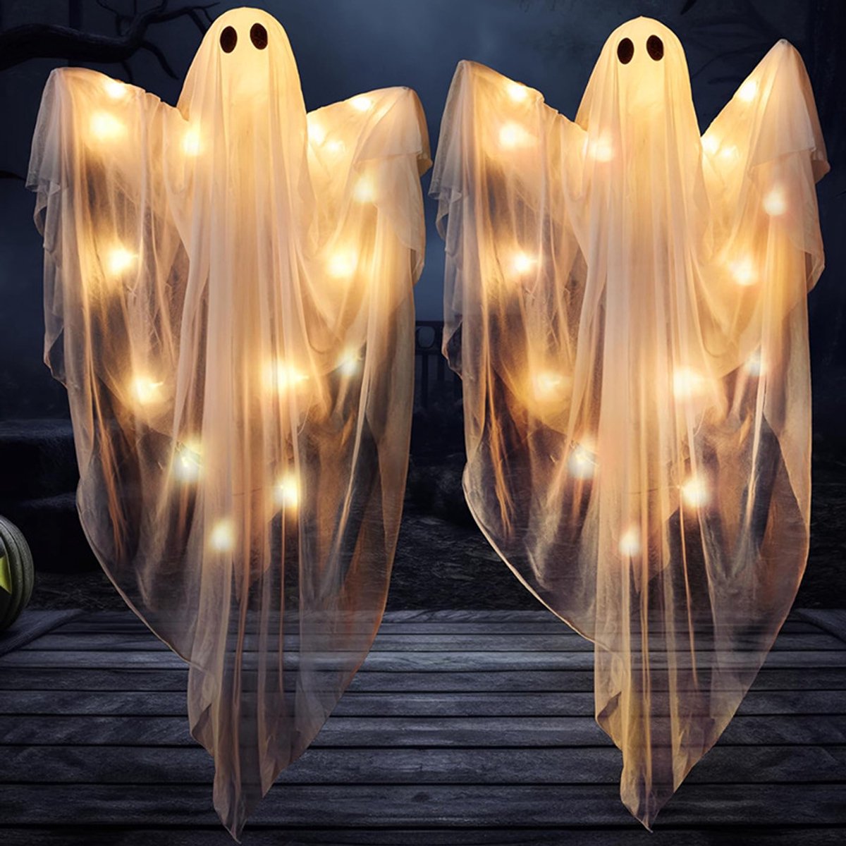 2 Stuks 120cm Hangende Lichtgevende Halloween Geestdecoraties - Vliegende Hangende Geesten met Warme LED‑Verlichting - Spookhuis Prop - Decoratie voor Voortuin, Terras en Feestjes - voor Binnen en Buiten